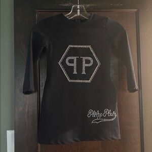 Philipp Plein Girls Rhinestone Logo Dress Black Size 6 Designer EUC